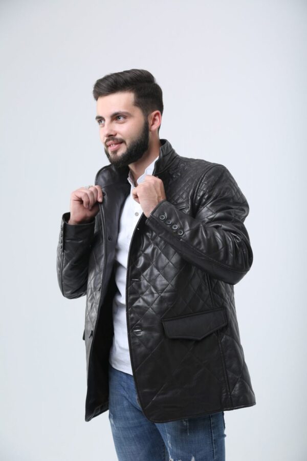 Men's Chocolate Brown Quilted Leather Coat with Diamond Stitch